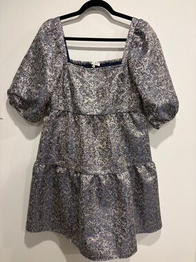 Moon River Blue Jacquard Puff Sleeve Babydoll Mini Dress Size L Cottagecore